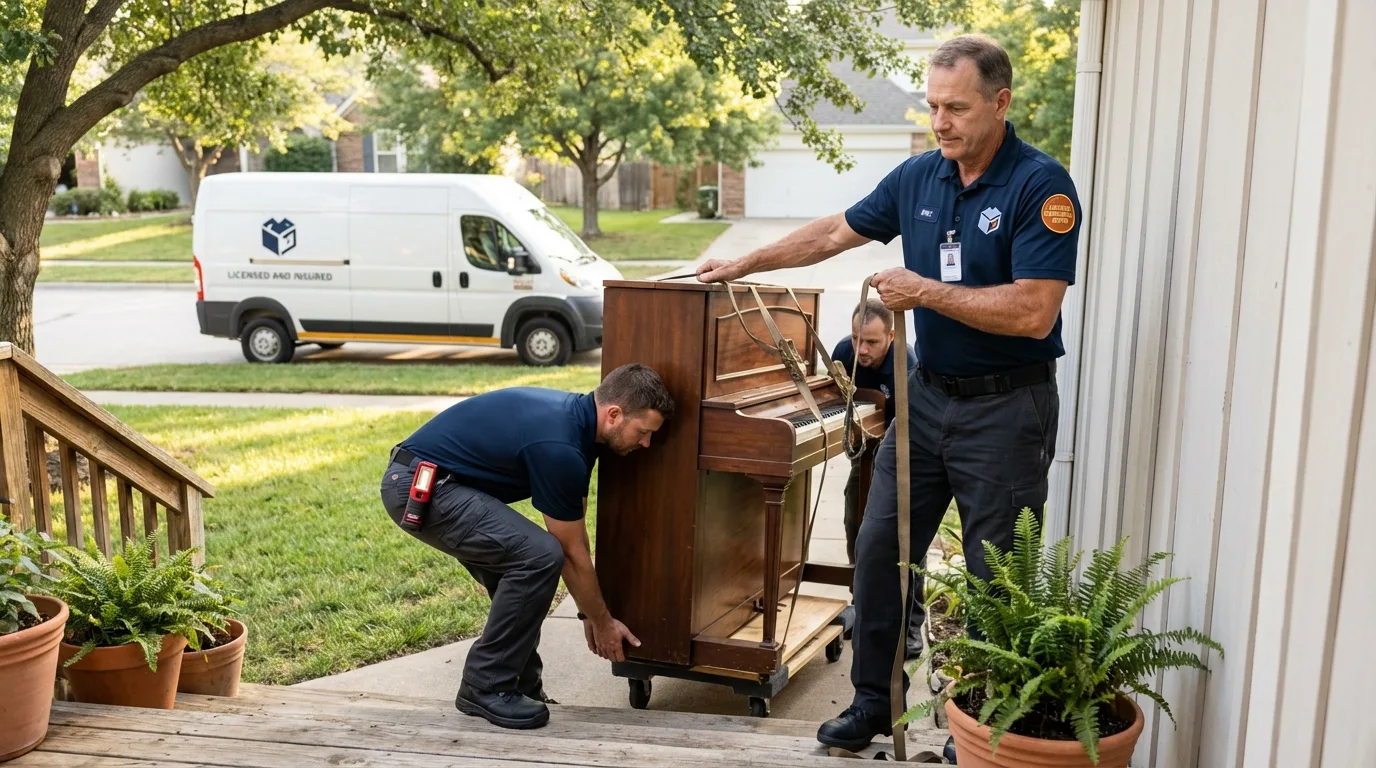 Licensed piano movers securing grand piano in King George, VA