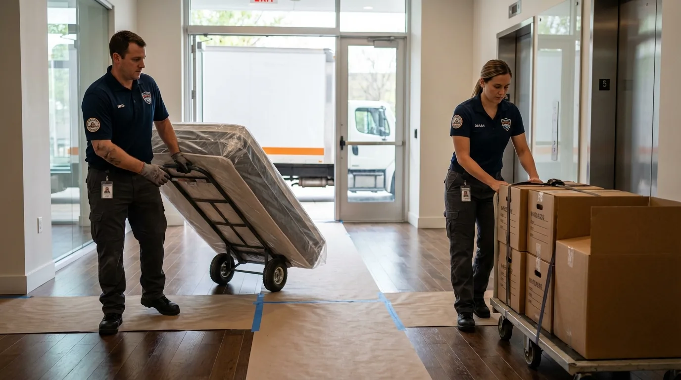 Professional apartment movers loading elevator in King George, VA