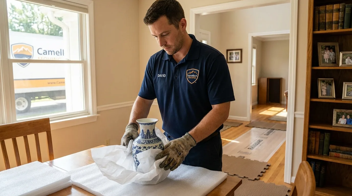 Professional crew carefully wrapping antique vase for senior downsizing move in King George, VA